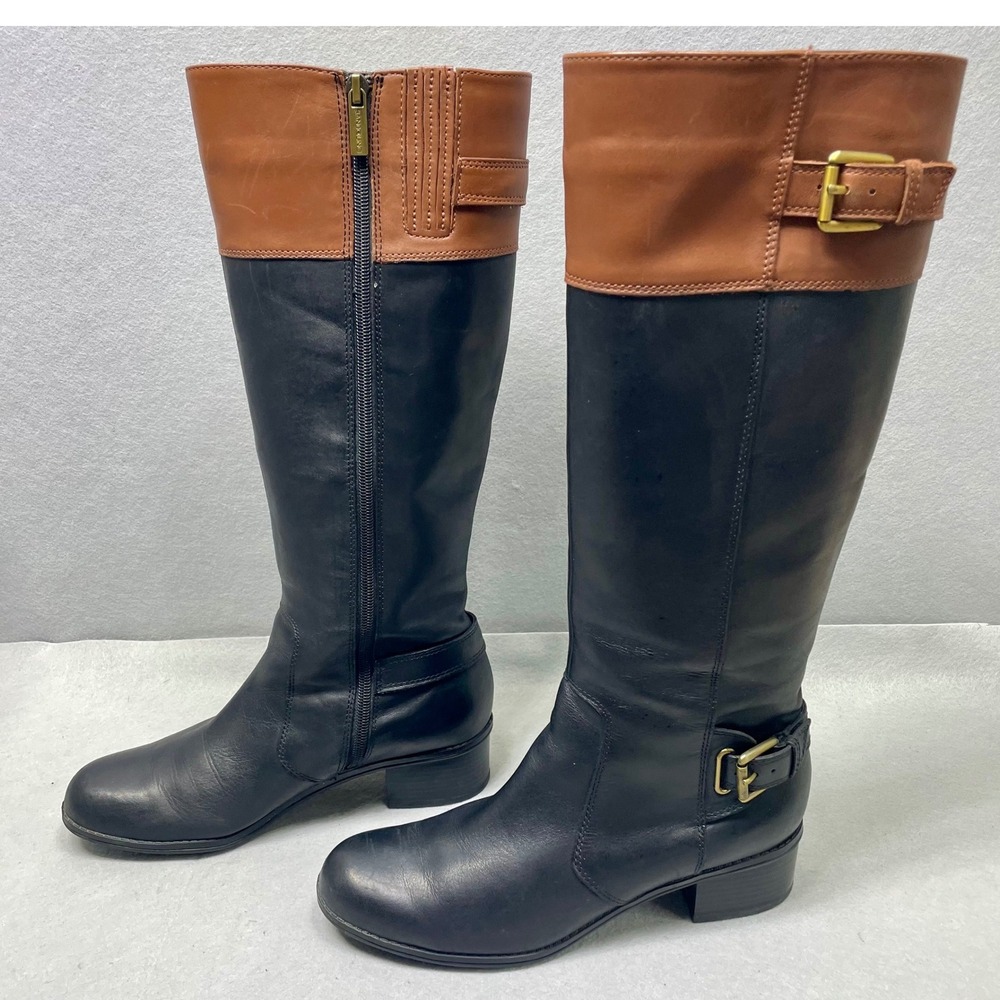 Bandolino BDCASTIN Riding Boots Women 7.5 Black Cognac Leather Buckle Knee High